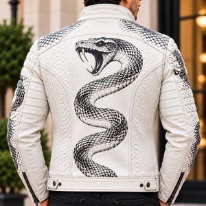 Men’s White Python Print Biker Jacket – Edgy Streetwear Outerwear with Snake Graphic