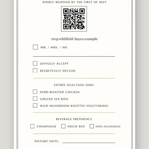 Bewerkbare Canva-sjabloon voor RSVP-kaart voor bruiloft — Antwoordformulier met QR-code, formele stijl, direct digitaal te downloaden