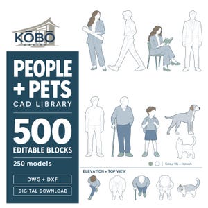 May include: A digital CAD library titled KOBO DESING PEOPLE + PETS featuring 500 editable blocks and 250 models in DWG and DXF formats. The graphic displays various line-art illustrations of people and pets in elevation and top views.