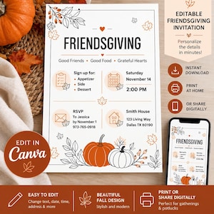 Könnte beinhalten: Eine weiße Friendsgiving-Einladungskarte mit orangefarbenen und schwarzen Strichzeichnungen von Kürbissen und Herbstblättern. Der Text enthält Veranstaltungsdetails, eine Liste für Mitbringsel und RSVP-Informationen. Ein Smartphone zeigt das Design.