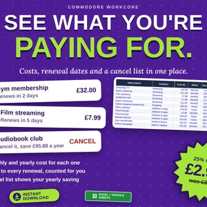 May include: A digital subscription tracker dashboard on a purple background with the text SEE WHAT YOU'RE PAYING FOR. It displays a list of services, costs in pounds, renewal dates, and a table. A green starburst graphic shows a 25% discount for £2.99.