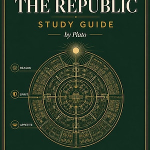 Könnte beinhalten: Ein dunkelgrünes Studienführer-Cover mit dem Titel The Republic von Platon, Philosophy Series Guide 001. Es zeigt ein goldenes, kreisförmiges Architekturdiagramm mit Beschriftungen für Reason, Spirit und Appetite sowie den Text A complete chapter guide with summaries, annotations and analysis.