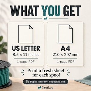May include: A digital file information graphic titled WHAT YOU GET, showing two 1-page PDF options: US Letter at 8.5 x 11 inches and A4 at 210 x 297 mm. Text includes Print a fresh sheet for each spool and Digital files only • No physical item.