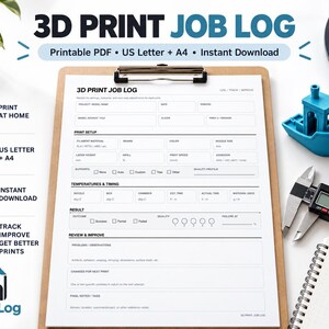 Puede incluir: Un formulario de registro de trabajos de impresión 3D en un portapapeles con secciones para detalles del proyecto, configuración, temperaturas, tiempos y resultados. El documento incluye campos para el nombre del modelo, filamento y altura de capa.