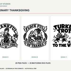 Puede incluir: Un paquete de diseños digitales titulado Veterinary Thanksgiving que incluye tres ilustraciones gráficas en blanco y negro. Los diseños muestran a veterinarios con animales, incluyendo perros, gatos, loros y un perro disfrazado de pavo.