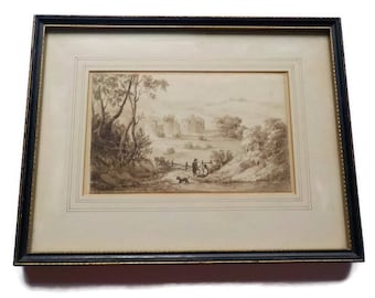 Dessin au lavis sépia, début du 19e siècle ....Château de Bodiam, Sussex, Angleterre