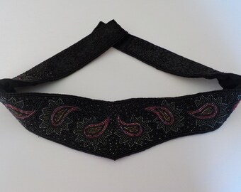 Holt Renfrew, Vintage Black, Paisley Design Beaded Belt,  1970