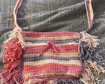 Crochet Bag with Fringe, Pink Cream Gray Stripes, Handmade