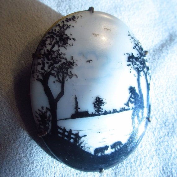 Antique Porcelain Cameo Brooch Pin Pendant Bail is In… Gem