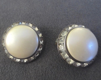 Big Pearl and Rhinestone Button Vintage Earrings