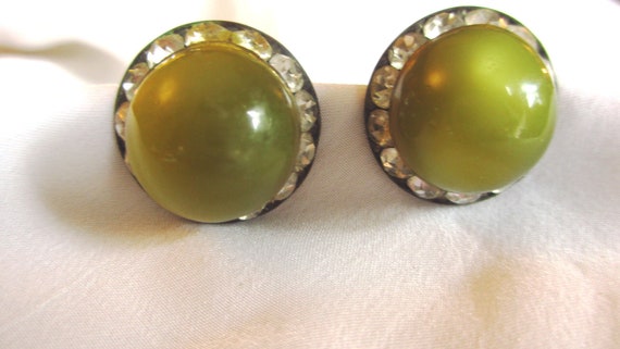 Olive Green Moonglow and Rhinestone Vintage Earri… - image 1