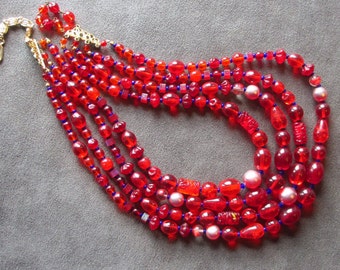 Vintage Red Art Glass Multi Strand Necklace