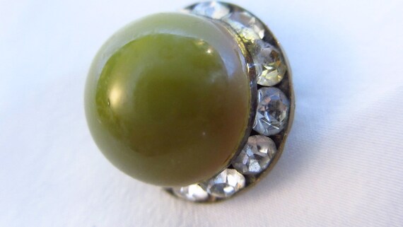 Olive Green Moonglow and Rhinestone Vintage Earri… - image 2