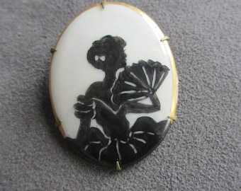 Silhouette Cameo Brooch Vintage Antique Pin Black and White Porcelain