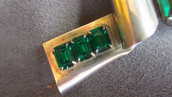 Art Deco Sterling Silver Retro Bow Pin Green Glas… - image 3