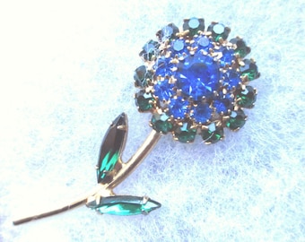 Vintage Rhinestone Flower Brooch Pin Emerald Green & Sapphire Blue
