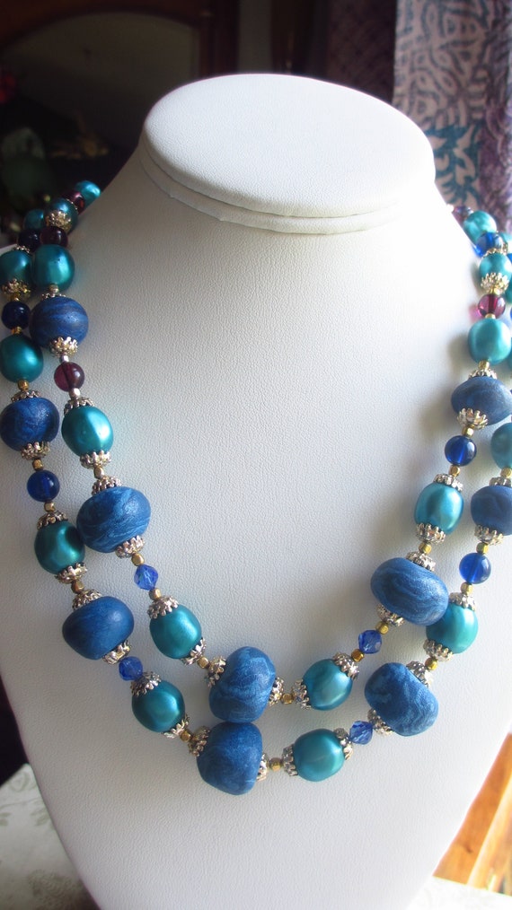 Mid Century Double Strand Blue Aqua Japan Necklace