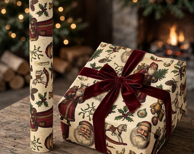 Personalized Antique Santa Wrapping Paper | Father Christmas Wrap Roll | Victorian Vintage Santa | Matte or Satin Paper