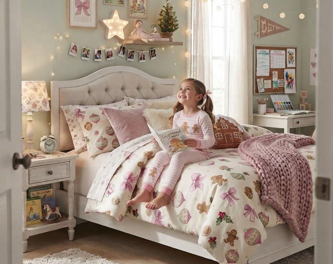 Featured listing image: Ribbons & Baubles Christmas Comforter | Pink Bows Vintage Ornaments Bedding | Coquette Cream Holiday, White Reverse