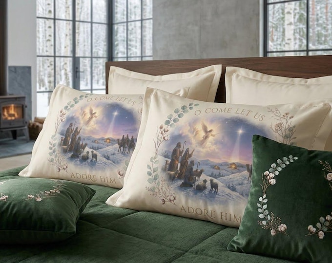 O Come Let Us Adore Him Nativity Scene Satin Pillowcase