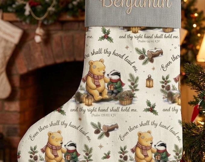 Personalized Teddy Bear Christmas Stocking | Psalm 139:10 Bear & Badger | Linen Stocking with Name