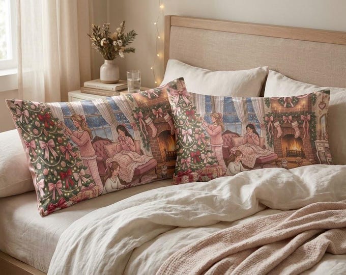 Cozy Girl Christmas Satin Pillowcase | Pink Christmas Pillow Cover | Storybook Fireplace Scene | Standard and King Sizes