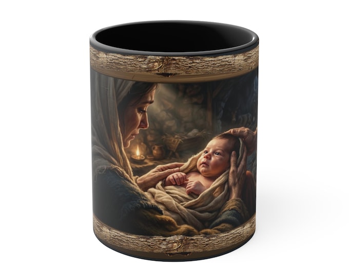 Mary Holding Baby Jesus Mug | Through Her Eyes Nativity | Christian Christmas Coffee Mug, Black Handle & Interior