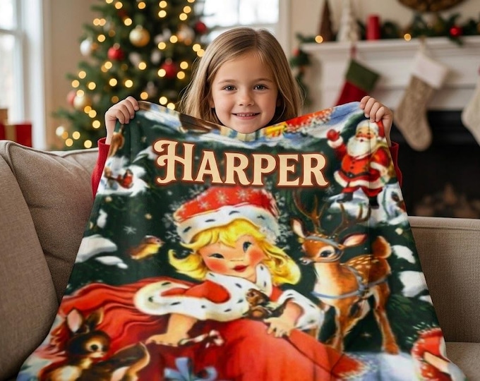 Featured listing image: Personalized Retro Christmas Blanket | Vintage 1950s Santa Girl Throw | Kitschy Mid Century Holiday Blanket | Nostalgic Christmas Decor