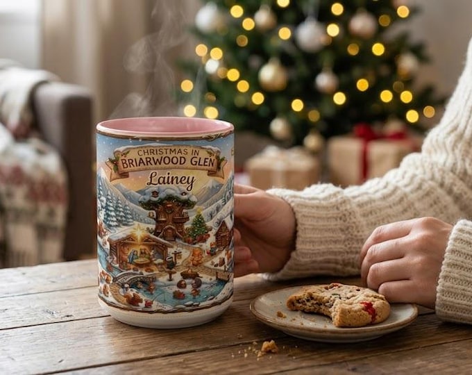 Christmas in Briarwood Glen Mug | Personalized Family Name Mug | Woodland Bear Nativity Cocoa Mug | Storybook Christmas Gift