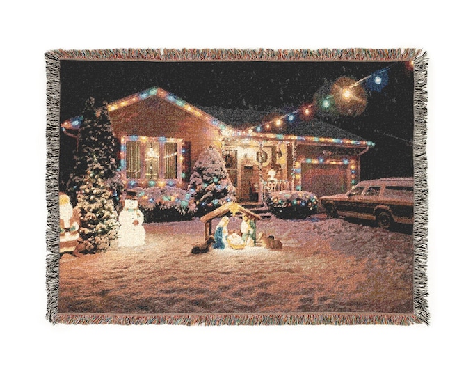 Vintage Christmas Nativity Scene Woven Blanket | Holiday House Lights Throw
