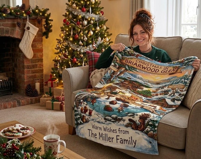 Christmas in Briarwood Glen Blanket | Personalized Family Name Throw | Woodland Bear Nativity Blanket | Storybook Christmas Gift