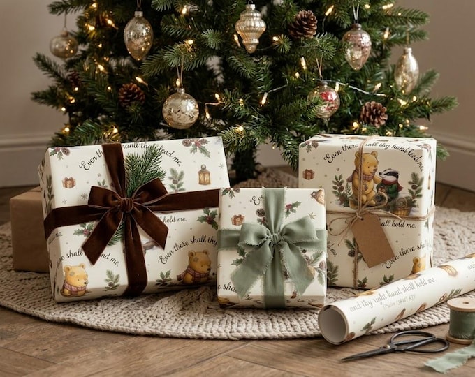 Personalized Christmas Wrapping Paper | Bear and Badger Gift Wrap | Psalm 139:10 Scripture Gift Wrap