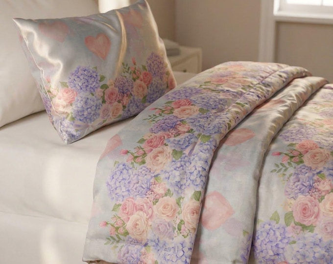 Blue Hydrangea Satin Pillowcase | Floral Pillow Sham Standard & King | Grandmillennial Cottagecore Bedding, Pink Roses