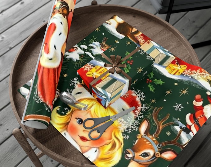 Personalized Retro Christmas Wrapping Paper | Vintage 1950s Santa Girl Gift Wrap | Holiday Wrapping Paper Roll | Kitschy Christmas Wrap