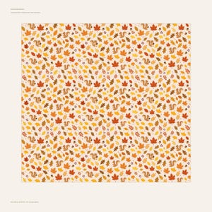 May include: A repeating pattern on a light cream background featuring brown squirrels, orange and red maple leaves, yellow ginkgo leaves, brown oak leaves, and small brown acorns. The design is dense and covers the entire square surface area.