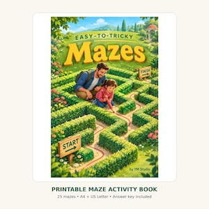 May include: A printable maze activity book titled Easy-to-Tricky Mazes by YM Studio. The cover features an illustration of a person and a child navigating a hedge maze with Start and Finish signs. It includes 25 mazes in A4 and US Letter sizes.