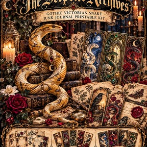 Op de afbeelding: Een printbare junk journal kit genaamd The Serpent Archives met een grote slang, rode rozen en kaarsen. De kit bevat 30 pagina's, 10 bladwijzers en 30 tarotkaarten met illustraties van slangen, raven, schedels en zandlopers in een donkere stijl.