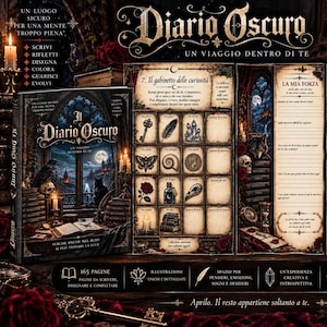 Puede incluir: Un diario titulado Diario Oscuro con ilustraciones góticas de una ventana a la luz de la luna, un cuervo y una calavera. Las páginas interiores incluyen una cuadrícula de gabinete de curiosidades, reflexiones y espacio para escribir.