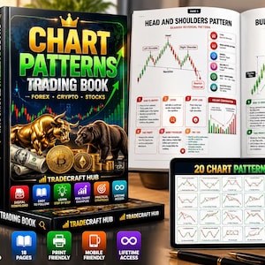 May include: A physical book titled Chart Patterns Trading Book featuring a gold bull and bear, alongside an open book displaying Head and Shoulders and Bullish Pennant patterns, a tablet showing 20 chart patterns, and a smartphone with the book cover.