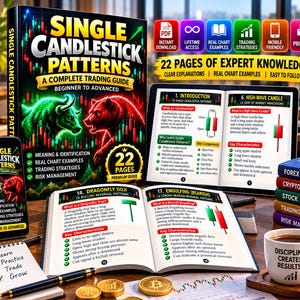 Peut inclure: Un guide de trading intitulé Single Candlestick Patterns avec une illustration de taureau et d'ours, 22 pages de connaissances expertes, des explications claires et des exemples de graphiques. Inclut un téléphone, un livre ouvert et une tasse.