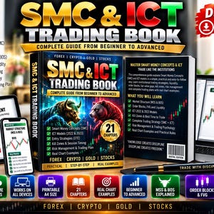 May include: A digital trading guide titled SMC & ICT Trading Book featuring 21 chapters on forex, crypto, gold, and stocks. The cover displays a bull and bear illustration. Includes a tablet, smartphone, laptop, and pen, all showcasing trading charts.