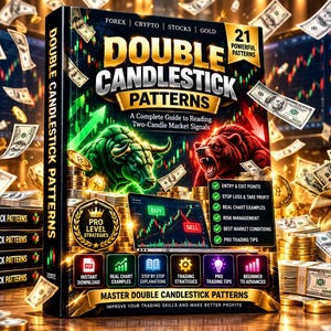 May include: A book titled Double Candlestick Patterns featuring a green bull and red bear illustration, gold text, and a list of 21 powerful patterns. The cover displays a laptop with trading charts, a money bag, and floating US dollar bills.