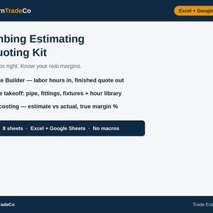 Op de afbeelding: Een digitale loodgieters-calculatie- en offerteset van NorthernTradeCo voor Excel en Google Sheets. Het bevat een offertemodule, materiaaloverzichten voor leidingen, fittingen en armaturen, en tools voor kostencalculatie. 8 bladen zonder macro's.