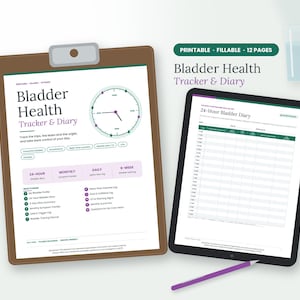 May include: A printable and fillable 12-page Bladder Health Tracker & Diary on a brown clipboard and a tablet screen. The document includes a 24-hour bladder diary, symptom trackers, and a fluid log with purple and green text accents.