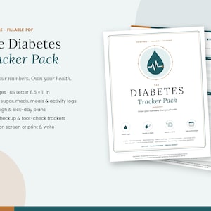 Puede incluir: Un paquete de seguimiento de diabetes de 12 páginas, imprimible y rellenable. La portada muestra un icono de gota de agua color verde azulado con una línea de latido, el texto The Diabetes Tracker Pack e iconos para glucosa, insulina y comidas.