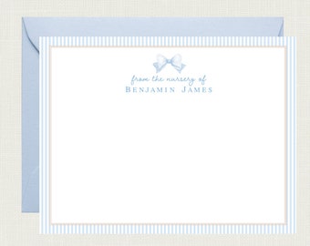 May include: Blue and white striped stationery card with a light blue bow and the text "from the nursery of BENJAMIN JAMES".