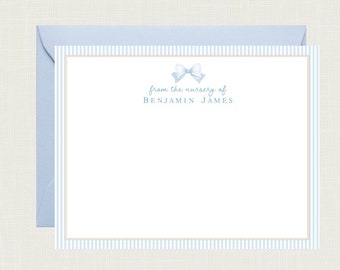May include: Blue and white striped stationery card with a blue bow and the text "from the nursery of BENJAMIN JAMES"