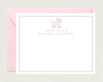 May include: Pink and white baby carriage with a pink bow on top. The text "from the nursery of SCARLETT ELIZABETH" is below the carriage.