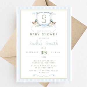 May include: A blue and white striped baby shower invitation with a watercolor illustration of two ducks and the letter "S" in a gold frame. The invitation text reads "Baby Smith, Join us for a Baby Shower Honoring Rachel Smith, May 18, 2024, 1-4 PM, 1234 Any Street, Anywhere, NC 12345, Please RSVP to Anna at 123-456-7890, Rachel is registered at Babylist."
