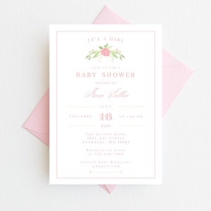 May include: A pink and white baby shower invitation with a floral design and the text "It's a Girl". The invitation includes the date, time, and location of the shower, as well as the name of the honoree, Anna Fallon. It also includes the text "Join us for a Baby Shower" and "Anna's Gift Registry Amazon.com".